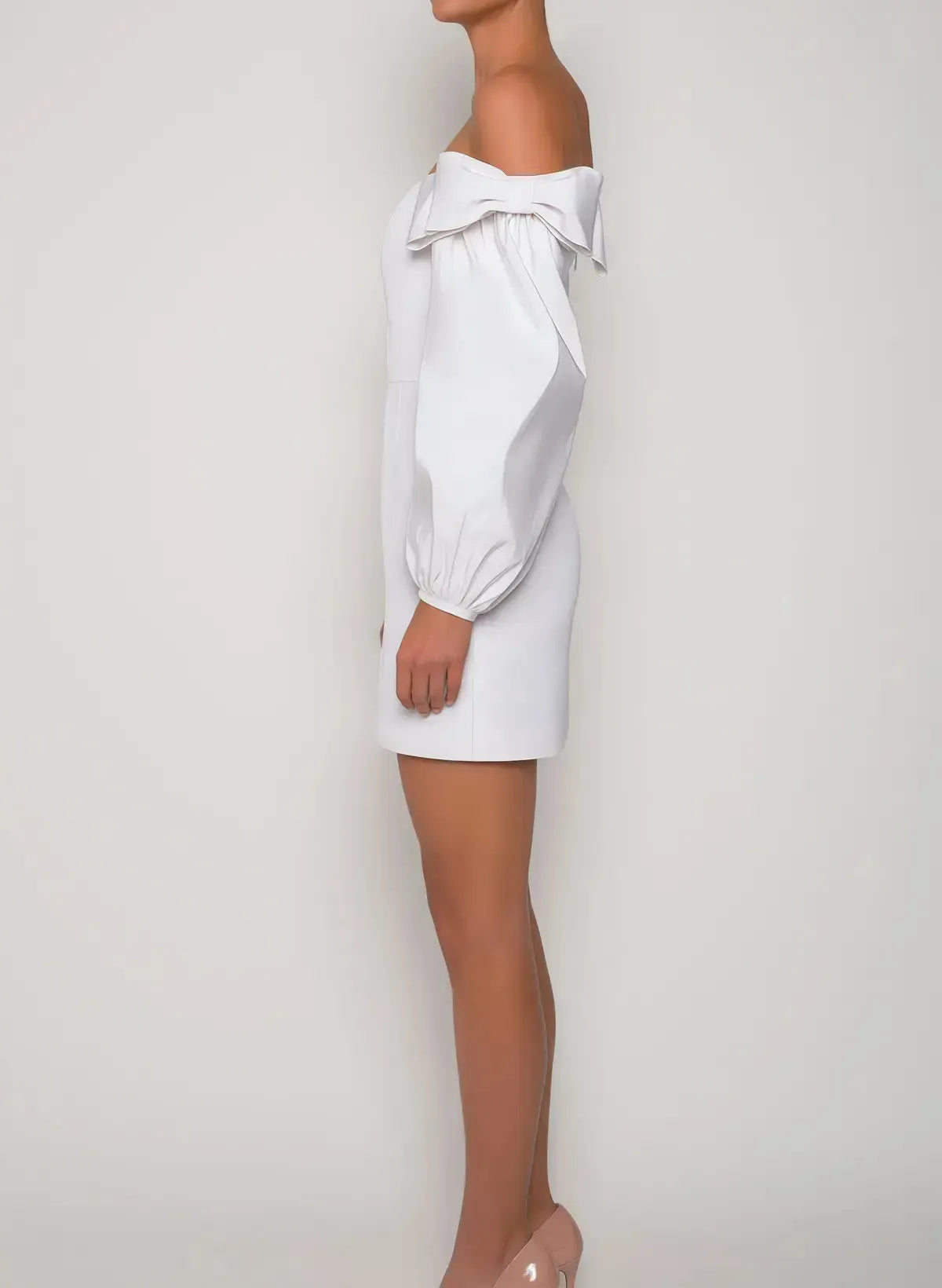 A Line Off The Shoulder Bow Long Sleeves Short Mini Elastic Satin Bride Wedding Dress Swd13205
