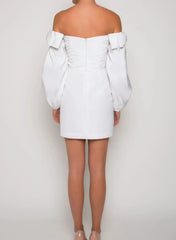 A Line Off The Shoulder Bow Long Sleeves Short Mini Elastic Satin Bride Wedding Dress Swd13205