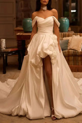 Ball Gown Off The Shoulder Sleeveless Cathedral Satin Non Stretch Wedding Dresses With Flower S Swd13219