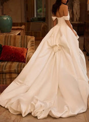 Ball Gown Off The Shoulder Sleeveless Cathedral Satin Non Stretch Wedding Dresses With Flower S Swd13219