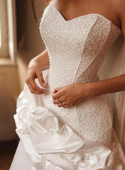 Trumpet Mermaid Sweetheart Sleeveless Chapel Train Satin Wedding Dresses With Flower S Swd13220