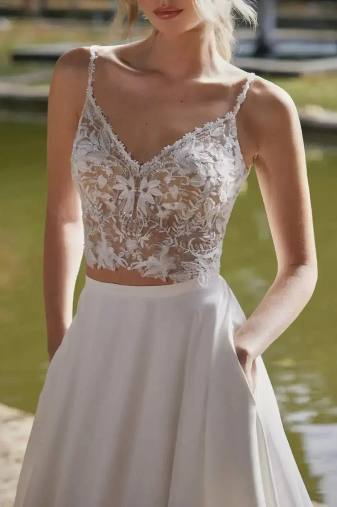 A Line V Neck Sleeveless Sweep Train Wedding Dresses Swd13223