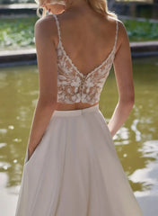 A Line V Neck Sleeveless Sweep Train Wedding Dresses Swd13223