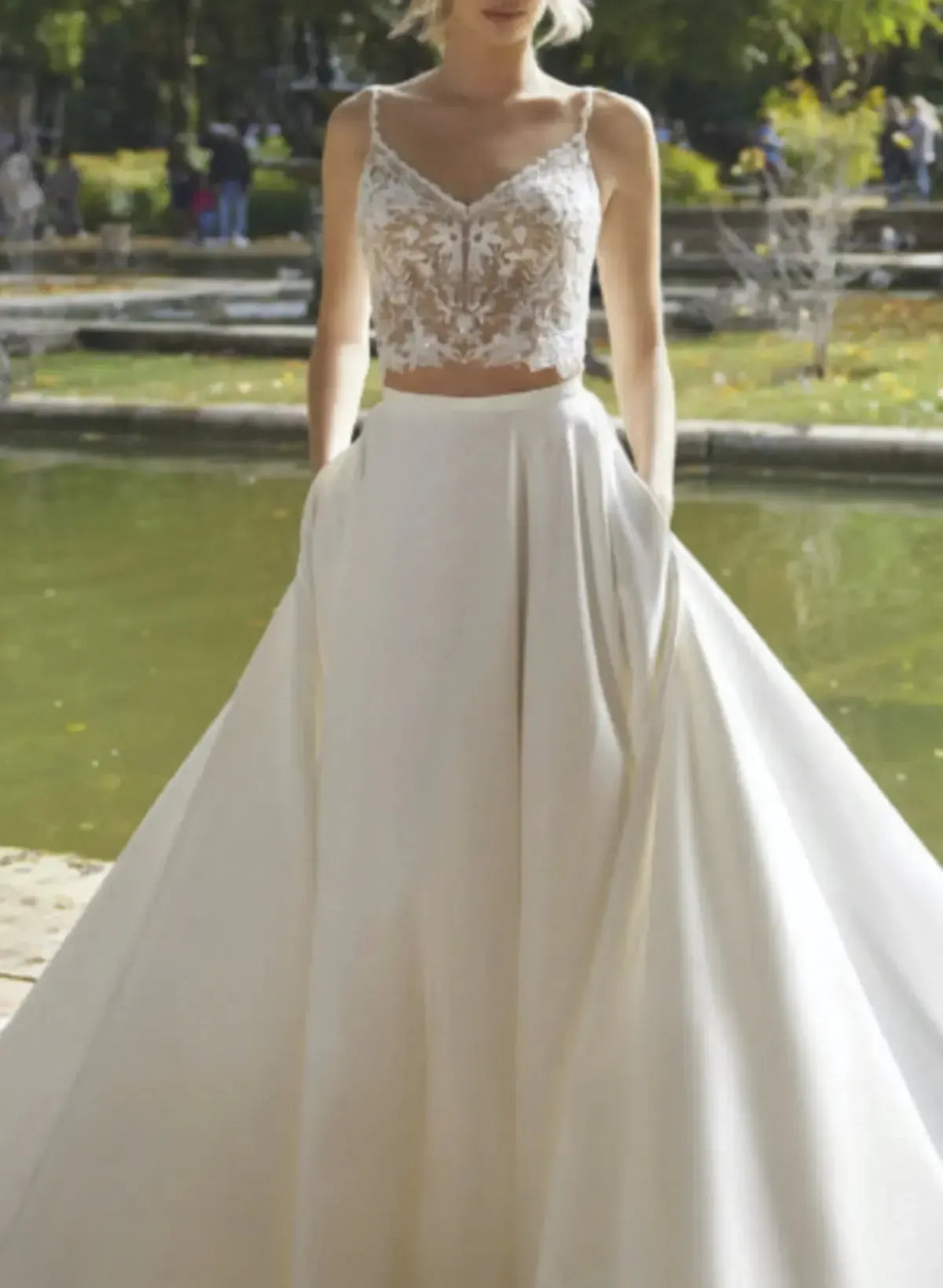 A Line V Neck Sleeveless Sweep Train Wedding Dresses Swd13223
