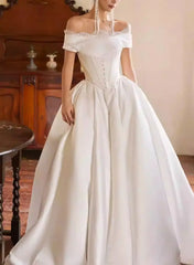 A Line Off The Shoulder Sleeveless Sweep Train Wedding Dresses Swd13224