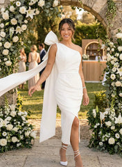Sheath Column One Shoulder Sleeveless Ankle Length Elastic Satin Bride Wedding Dress With Bow S Pleated Sweeping Side Drape Swd13235