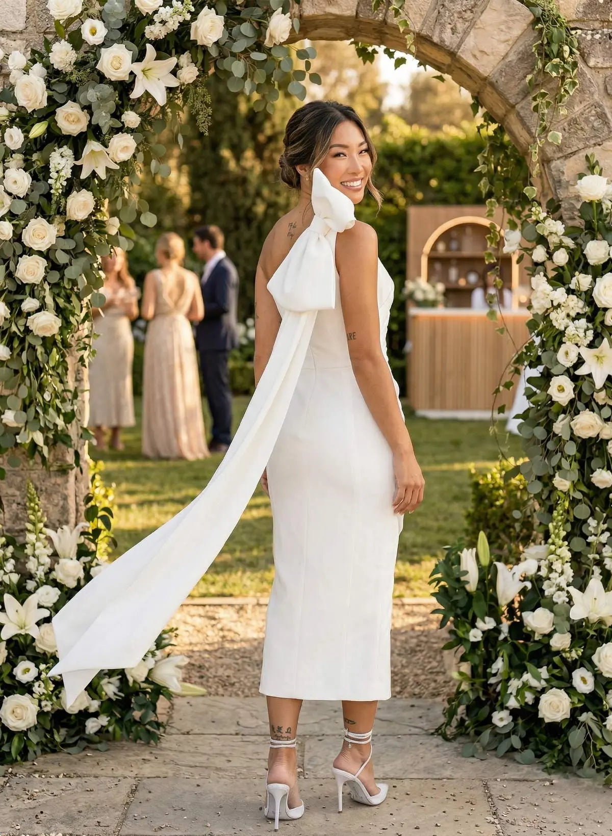 Sheath Column One Shoulder Sleeveless Ankle Length Elastic Satin Bride Wedding Dress With Bow S Pleated Sweeping Side Drape Swd13235