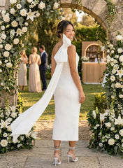Sheath Column One Shoulder Sleeveless Ankle Length Elastic Satin Bride Wedding Dress With Bow S Pleated Sweeping Side Drape Swd13235