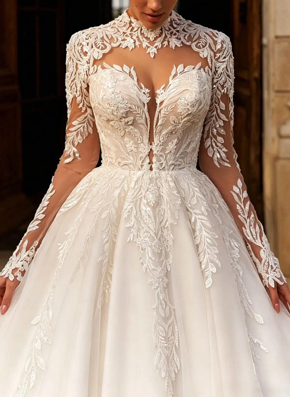 Ball Gown High Neck Long Sleeves Chapel Train Satin Tulle Organza Bride With Appliques Lace Swd13236