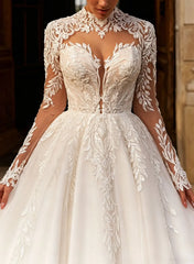 Ball Gown High Neck Long Sleeves Chapel Train Satin Tulle Organza Bride With Appliques Lace Swd13236