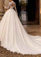 Ball Gown High Neck Long Sleeves Chapel Train Satin Tulle Organza Bride With Appliques Lace Swd13236