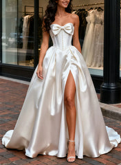 A Line Strapless Sleeveless Court Train Twill Satin Wedding Dresses With Bow S Beading High Split Swd13248