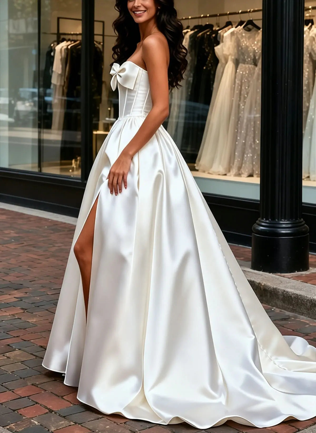 A Line Strapless Sleeveless Court Train Twill Satin Wedding Dresses With Bow S Beading High Split Swd13248