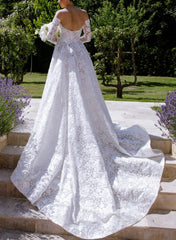 A Line Off The Shoulder Long Sleeves Cathedral Lace Bride Wedding Dress With Appliques Lace Swd13262