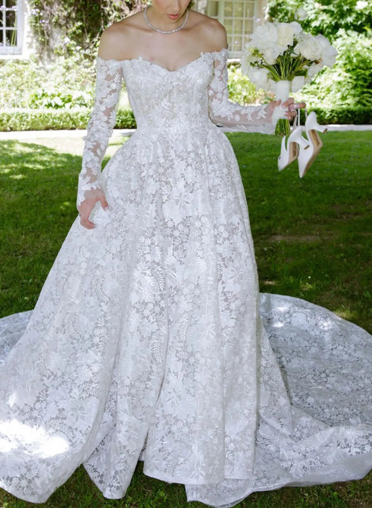 A Line Off The Shoulder Long Sleeves Cathedral Lace Bride Wedding Dress With Appliques Lace Swd13262