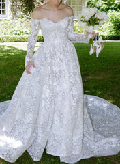 A Line Off The Shoulder Long Sleeves Cathedral Lace Bride Wedding Dress With Appliques Lace Swd13262