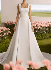 A Line Square Neckline Sleeveless Court Train Chiffon Matte Satin Wedding Dresses With Flower S Overskirt Dress Swd13271