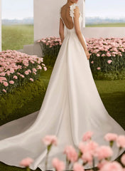 A Line Square Neckline Sleeveless Court Train Chiffon Matte Satin Wedding Dresses With Flower S Overskirt Dress Swd13271