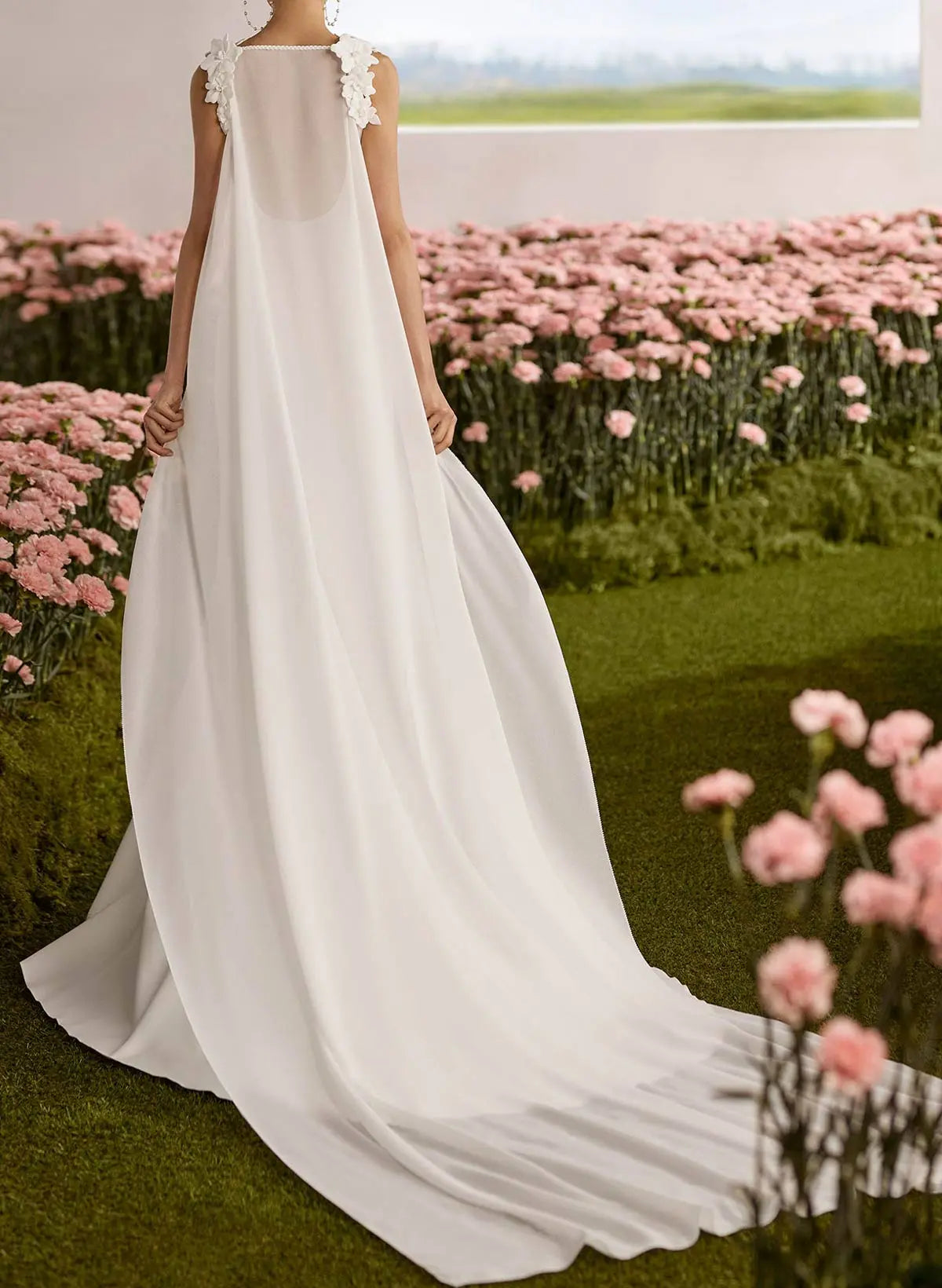 A Line Square Neckline Sleeveless Court Train Chiffon Matte Satin Wedding Dresses With Flower S Overskirt Dress Swd13271