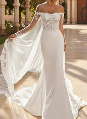 Trumpet Mermaid Off The Shoulder Long Sleeves Chapel Train Lace Crepe Satin Wedding Dresses With Appliques Lace Swd13275