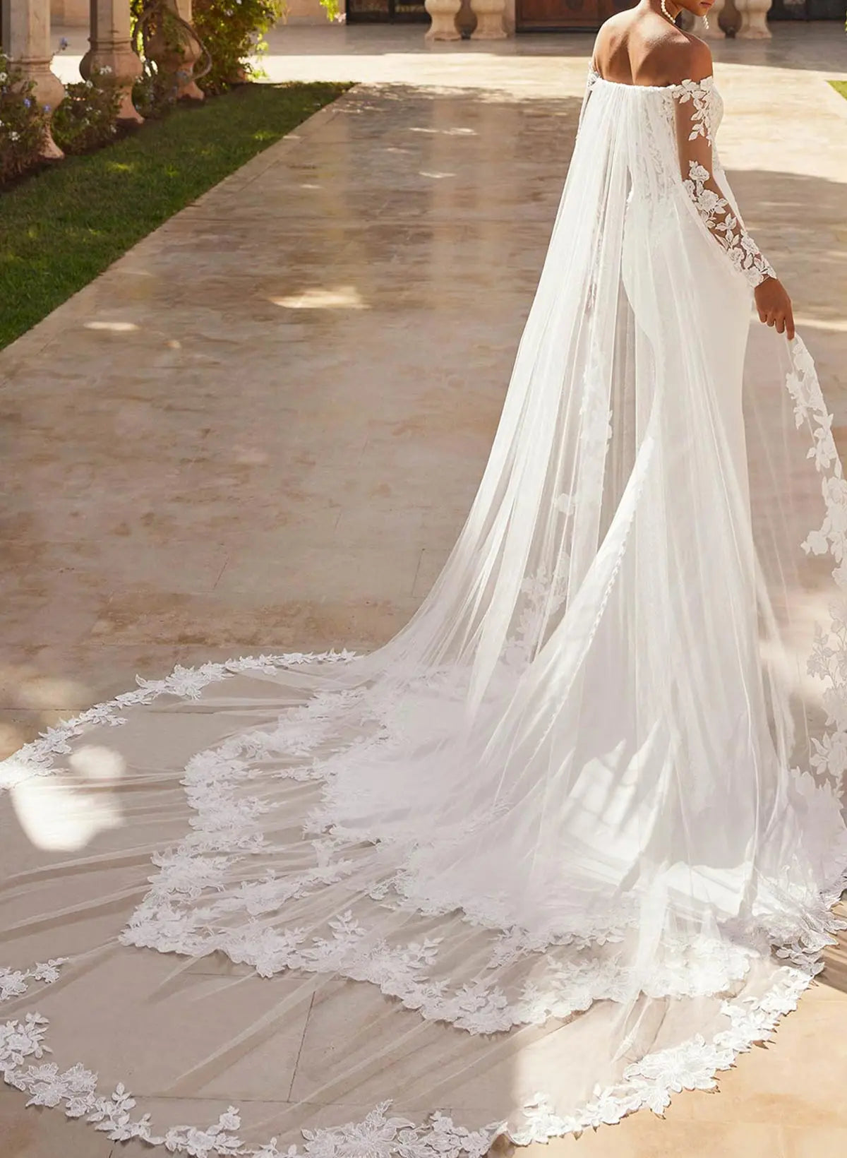 Trumpet Mermaid Off The Shoulder Long Sleeves Chapel Train Lace Crepe Satin Wedding Dresses With Appliques Lace Swd13275