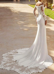 Trumpet Mermaid Off The Shoulder Long Sleeves Chapel Train Lace Crepe Satin Wedding Dresses With Appliques Lace Swd13275