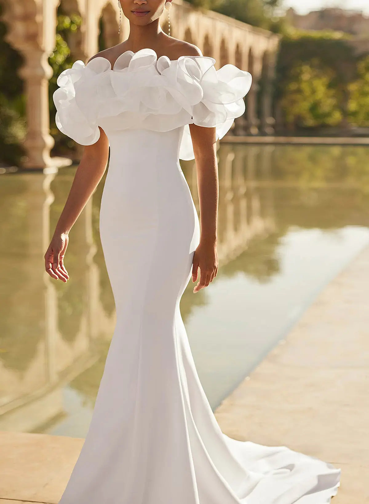 Trumpet Mermaid Off The Shoulder Short Sleeves Chapel Train Elastic Satin Wedding Dresses Swd13276