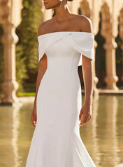 Trumpet Mermaid Off The Shoulder Short Sleeves Chapel Train Elastic Satin Wedding Dresses Swd13276