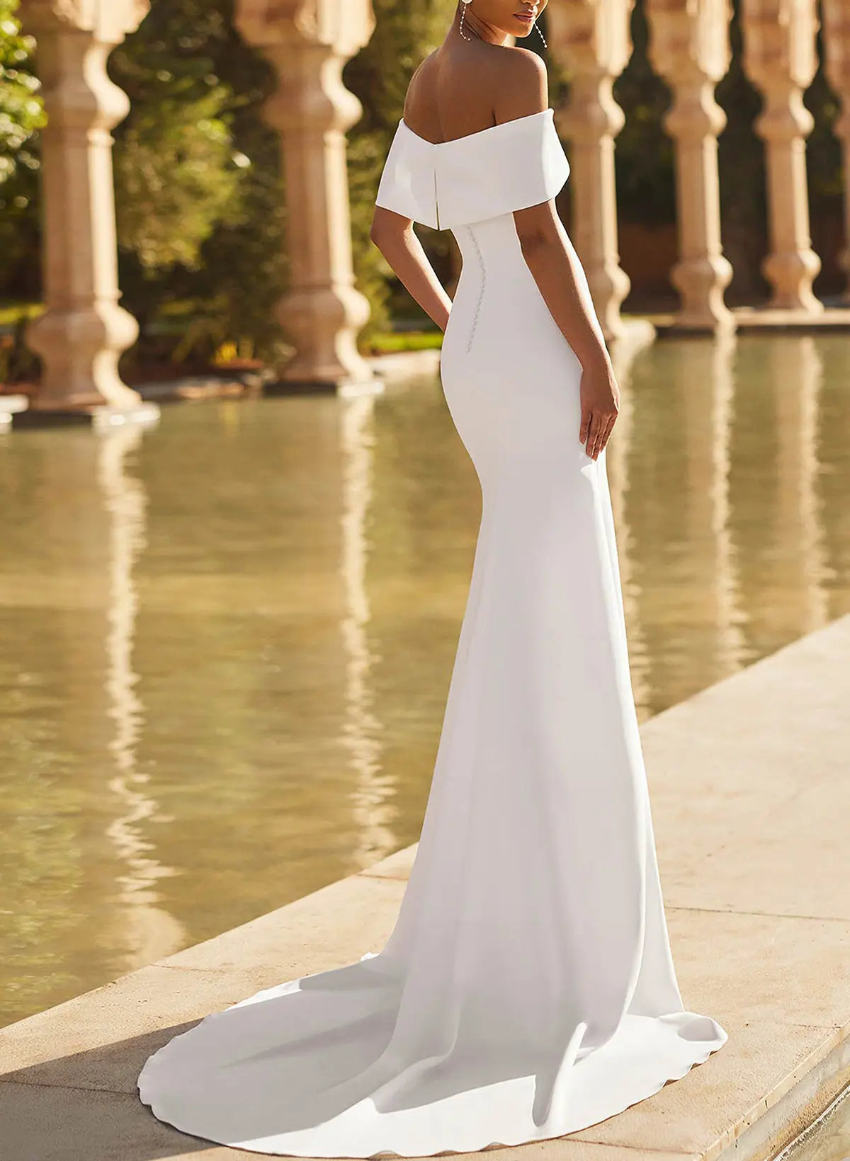 Trumpet Mermaid Off The Shoulder Short Sleeves Chapel Train Elastic Satin Wedding Dresses Swd13276