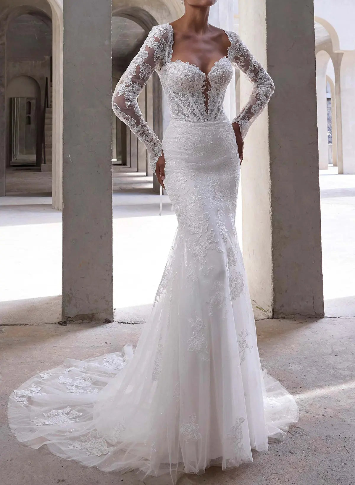 Trumpet Mermaid Sweetheart Long Sleeves Court Train Elastic Satin Wedding Dresses With Appliques Lace Swd13277