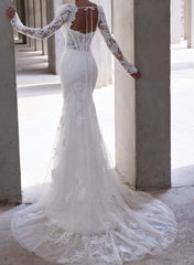 Trumpet Mermaid Sweetheart Long Sleeves Court Train Elastic Satin Wedding Dresses With Appliques Lace Swd13277