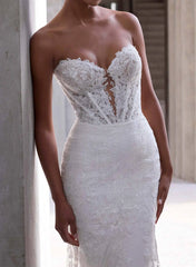 Trumpet Mermaid Sweetheart Long Sleeves Court Train Elastic Satin Wedding Dresses With Appliques Lace Swd13277