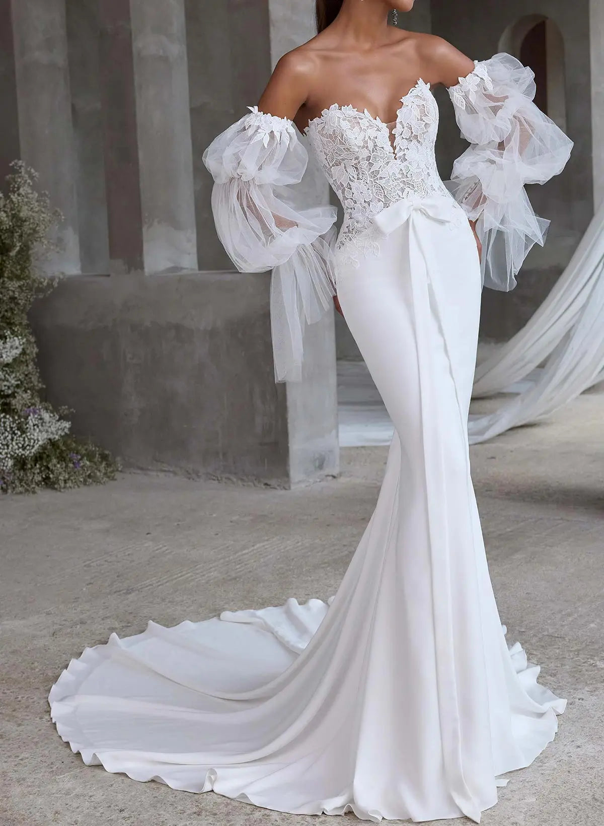 Trumpet Mermaid Sweetheart Detachable Sleeves Court Train Lace Elastic Satin Wedding Dresses With Bow S Lace Swd13280