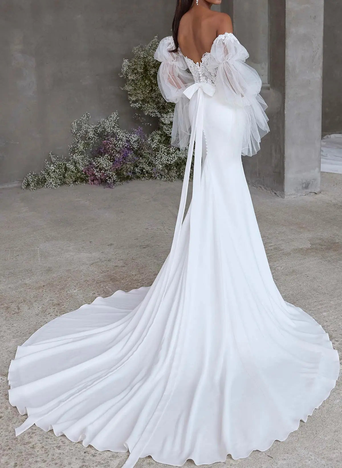 Trumpet Mermaid Sweetheart Detachable Sleeves Court Train Lace Elastic Satin Wedding Dresses With Bow S Lace Swd13280