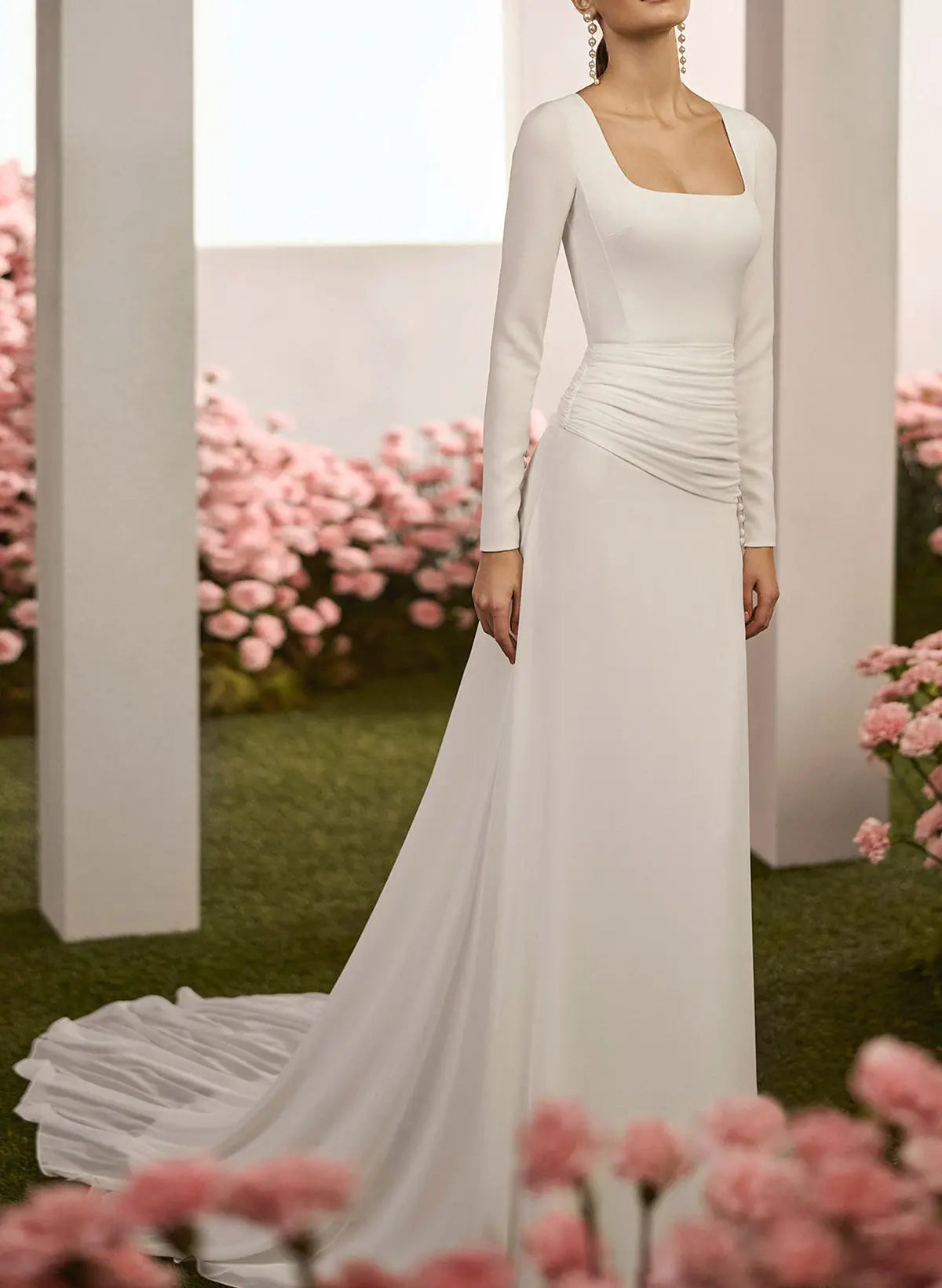 Sheath Column Square Neckline Long Sleeves Chapel Train Crepe Satin Wedding Dresses Swd13282