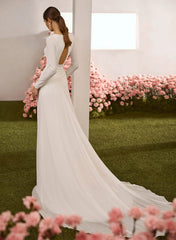 Sheath Column Square Neckline Long Sleeves Chapel Train Crepe Satin Wedding Dresses Swd13282