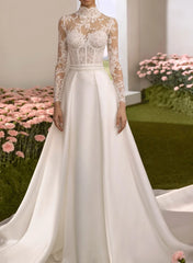 A Line High Neck Long Sleeves Chapel Train Lace Twill Satin Wedding Dresses With Lace Overskirt Dress Swd13283