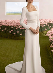 Sheath Column Square Neckline Long Sleeves Chapel Train Elastic Satin Wedding Dresses Swd13294