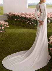Sheath Column Square Neckline Long Sleeves Chapel Train Elastic Satin Wedding Dresses Swd13294