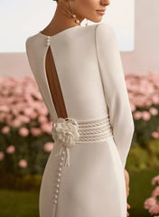 Sheath Column Square Neckline Long Sleeves Chapel Train Elastic Satin Wedding Dresses Swd13294