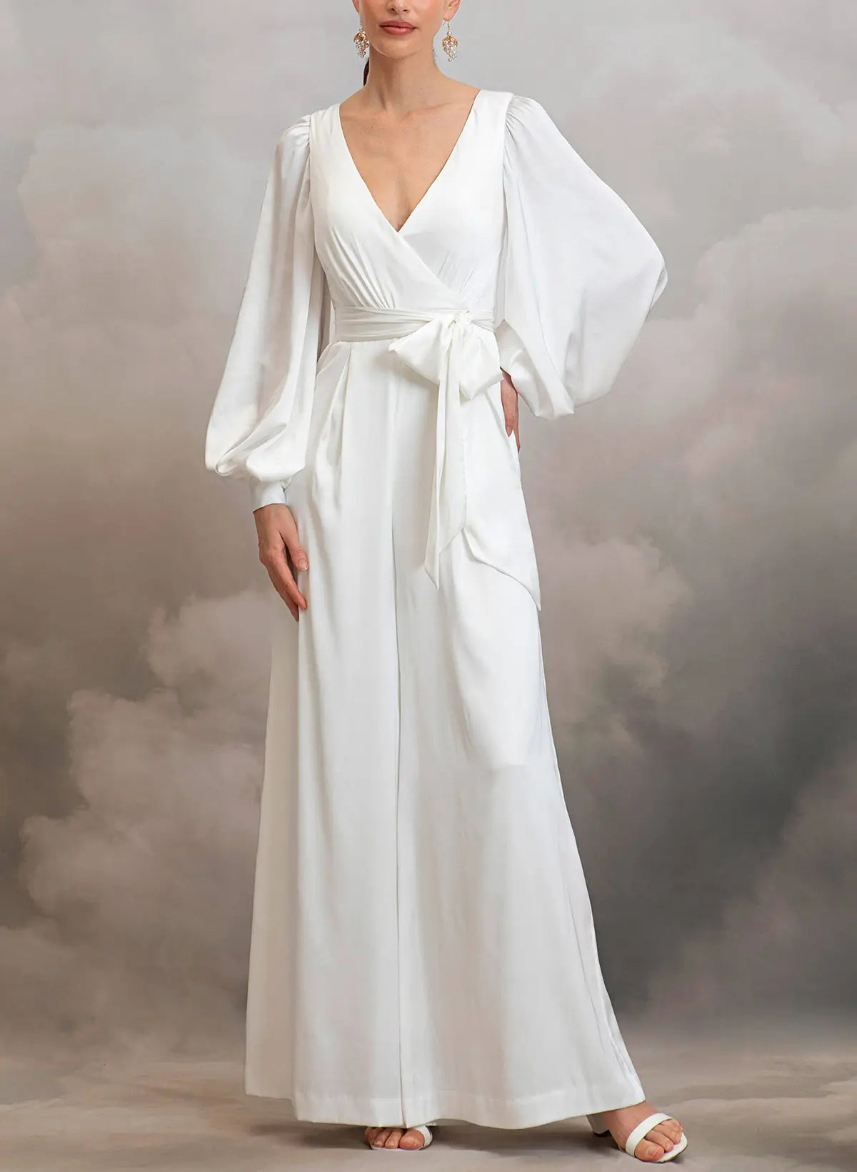 Jumpsuit Pantsuit V Neck Long Sleeves Ankle Length Stretch Satin Wedding Dresses Swd13297