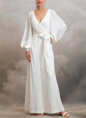 Jumpsuit Pantsuit V Neck Long Sleeves Ankle Length Stretch Satin Wedding Dresses Swd13297