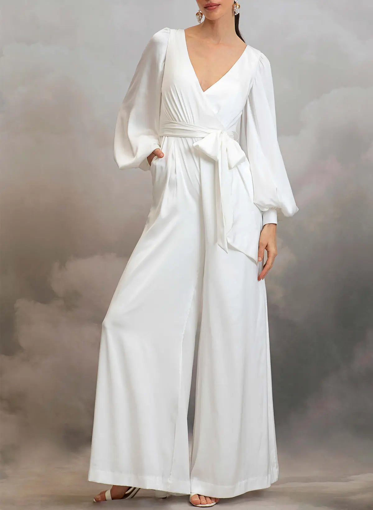 Jumpsuit Pantsuit V Neck Long Sleeves Ankle Length Stretch Satin Wedding Dresses Swd13297