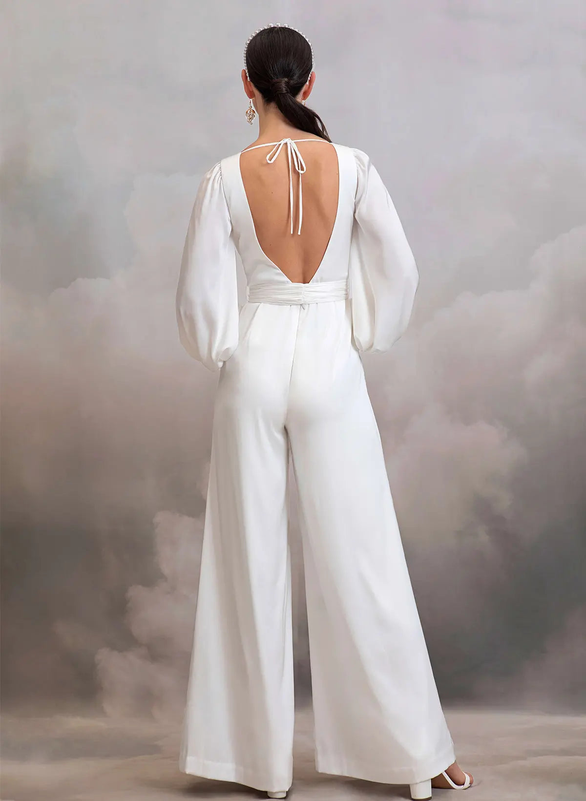 Jumpsuit Pantsuit V Neck Long Sleeves Ankle Length Stretch Satin Wedding Dresses Swd13297