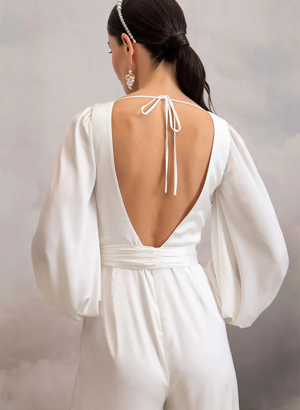 Jumpsuit Pantsuit V Neck Long Sleeves Ankle Length Stretch Satin Wedding Dresses Swd13297