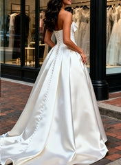 A Line Strapless Sleeveless Court Train Twill Satin Wedding Dresses With Bow S Beading High Split Swd13248