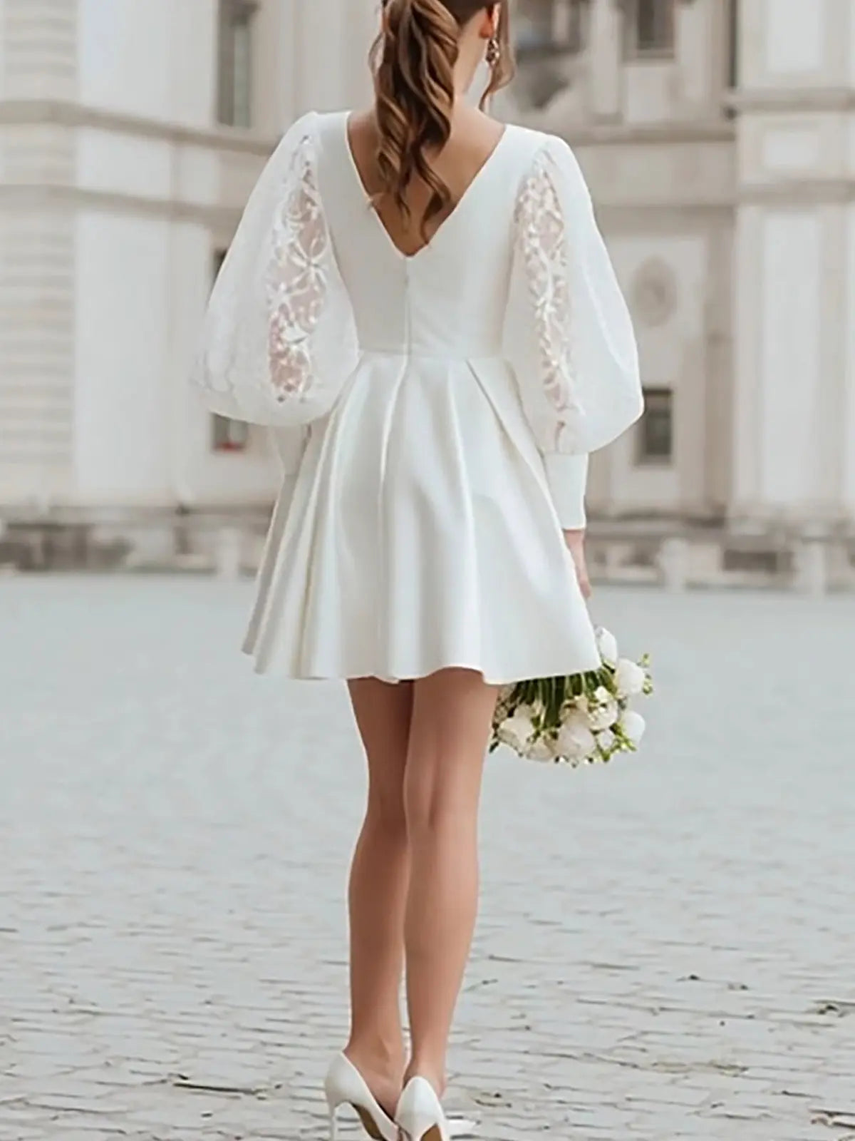 A Line V Neck Long Sleeves Short Mini Lace Elastic Satin Bride Wedding Dress Swd13320
