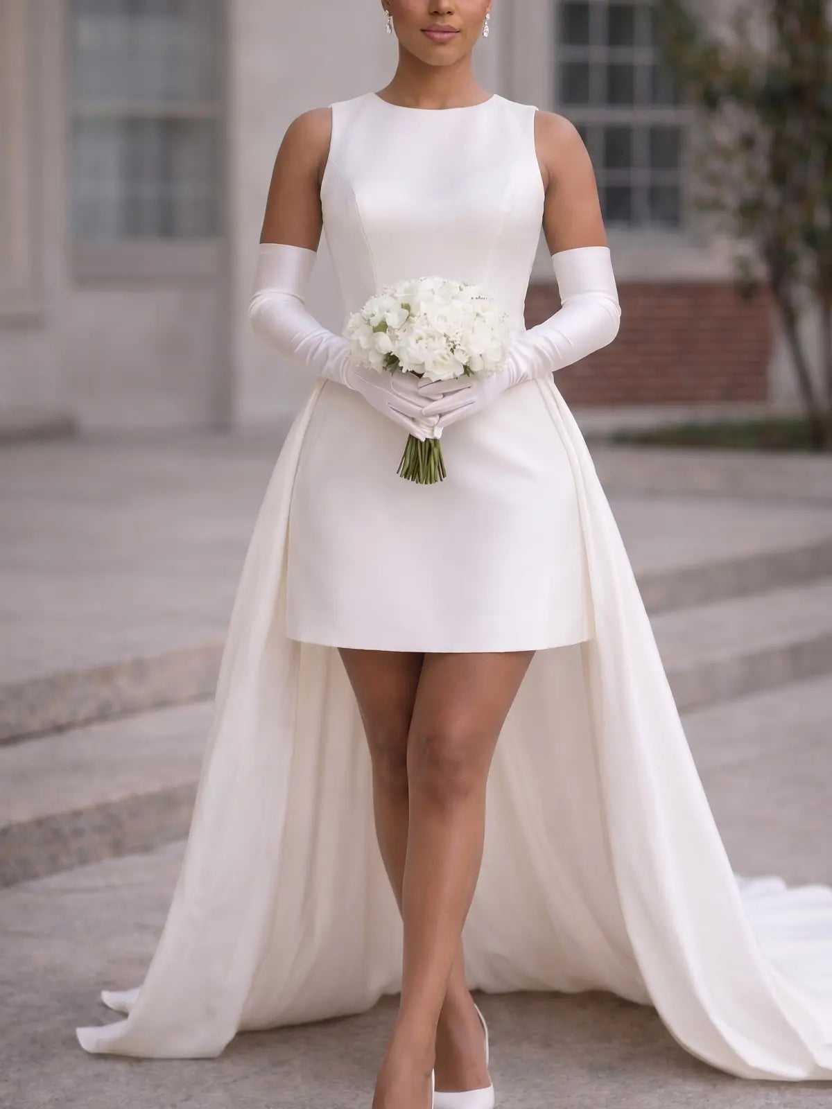 A Line Scoop Neck Sleeveless Short Mini Detachable Matte Satin Bride Wedding Dress With Bow S Swd13323