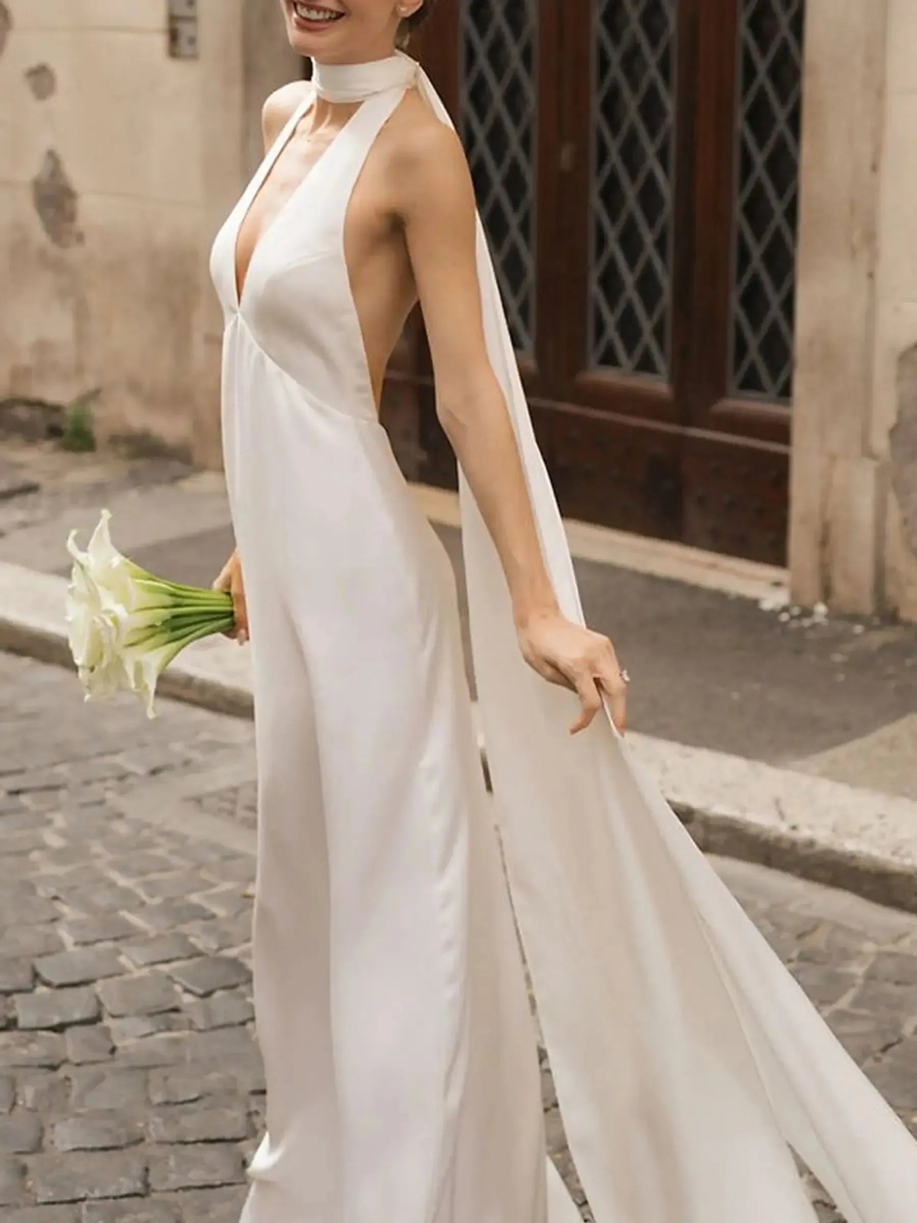 Ball Gown Plunge Neck Sleeveless Chapel Train Crepe Satin Bride Wedding Dress Swd13137