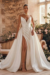 A Line Plunge Neck Sleeveless Court Train Twill Satin Wedding Dresses With Overskirt Dress Swd13217